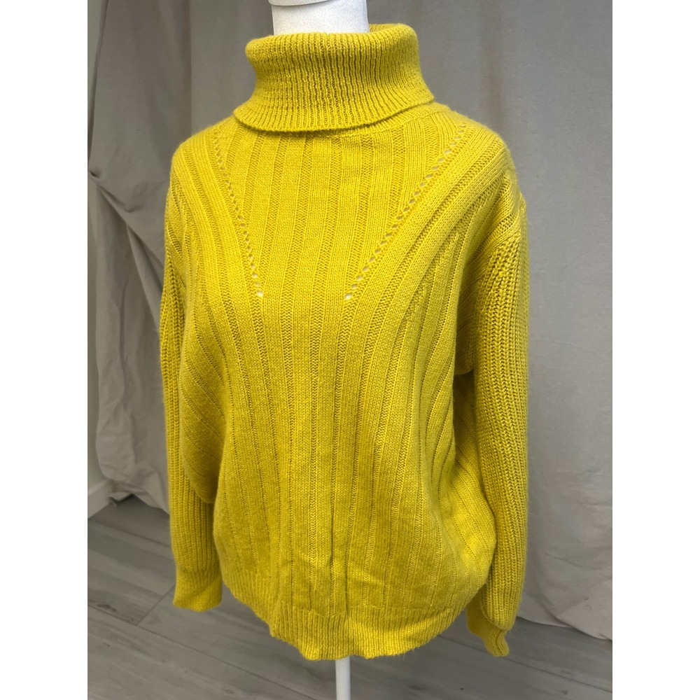 Retro‎ Mustard Yellow Turtleneck Sweater Sz L Chunky Knit Pointelle Boho - Picture 4 of 8